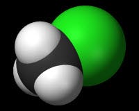 3D-voorstelling van Methylchloride (CH<sub>3</sub>Cl)